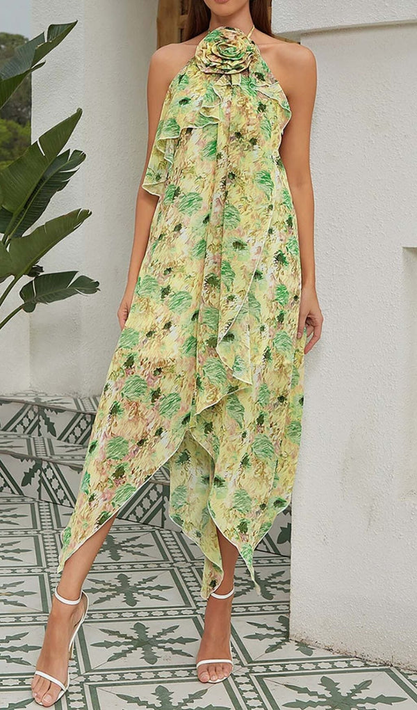 FLORAL PRINT HEM HALTER DRESS IN GREEN DRESS STYLE OF CB 