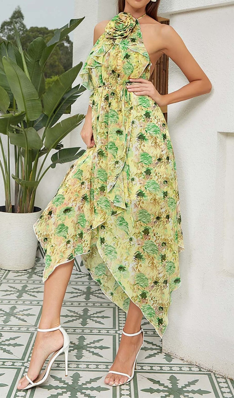 FLORAL PRINT HEM HALTER DRESS IN GREEN DRESS STYLE OF CB 