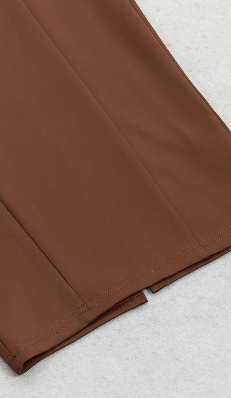 OFF-SHOULDER RUFFLED MIDI DRESS IN BROWN DRESS STYLE OF CB 