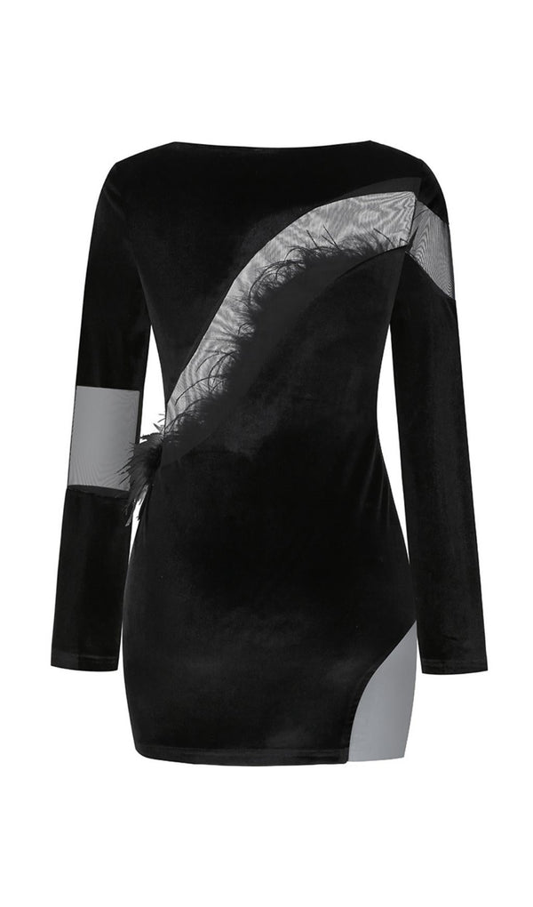 LONG SLEEVES FEATHER MINI DRESS IN BLACK Dresses styleofcb 