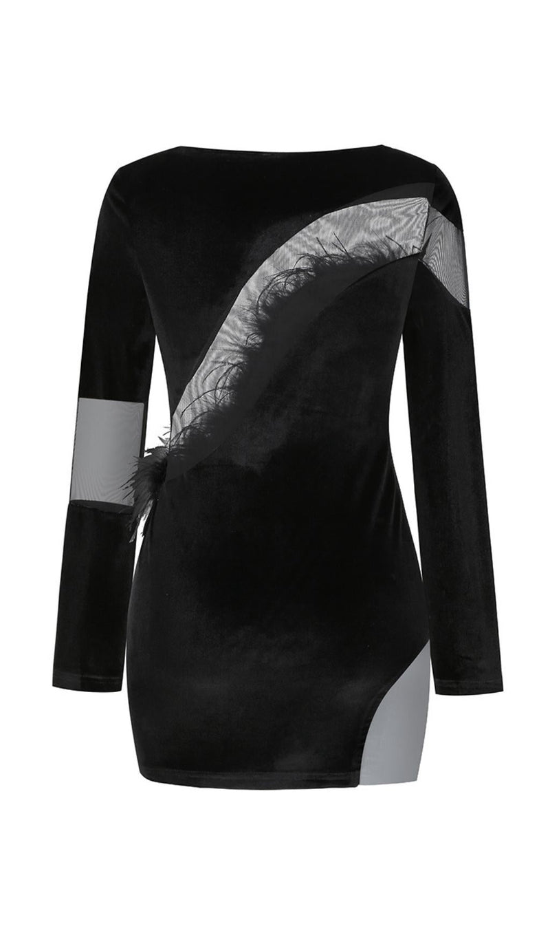 LONG SLEEVES FEATHER MINI DRESS IN BLACK Dresses styleofcb 