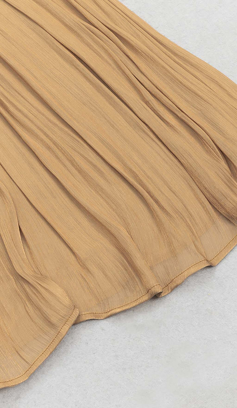 PLEATED STRAPPY MIDI DRESS IN BROWN DRESS STYLE OF CB 
