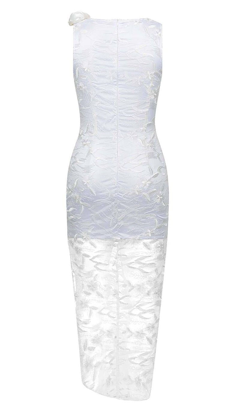 ROSE-EMBELLISHED LACE MIDI DRESS IN WHITE DRESS STYLE OF CB 