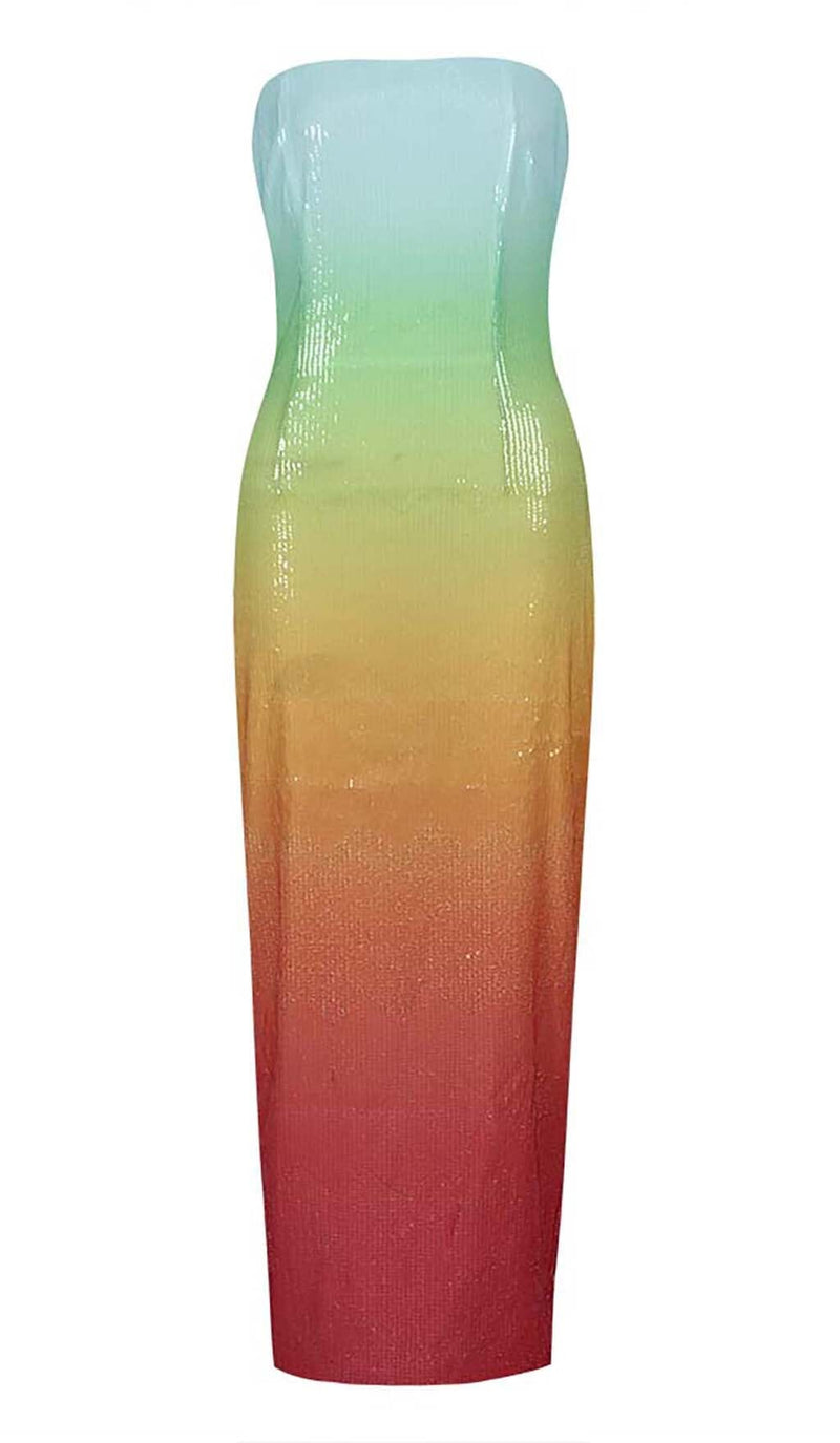 STRAPLESS SEQUIN OMBRE MAXI DRESS IN MULTI-COLOR DRESS styleofcb 